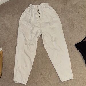 High-Waisted Distressed White Pants